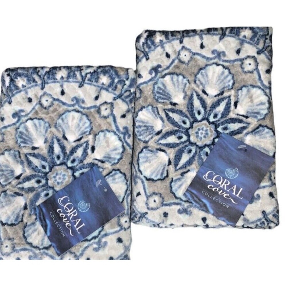 Coral Cove Shell Medallion Plush Hand Towels Set of 2 Beach Summer House Blue